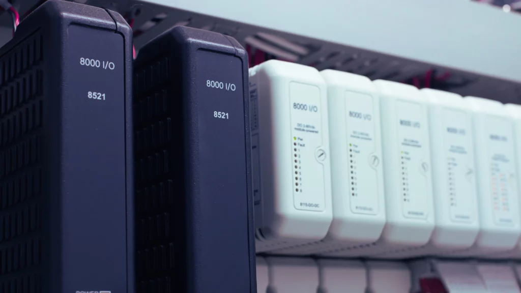 Close-up of modules mounted in an industrial control rack.
